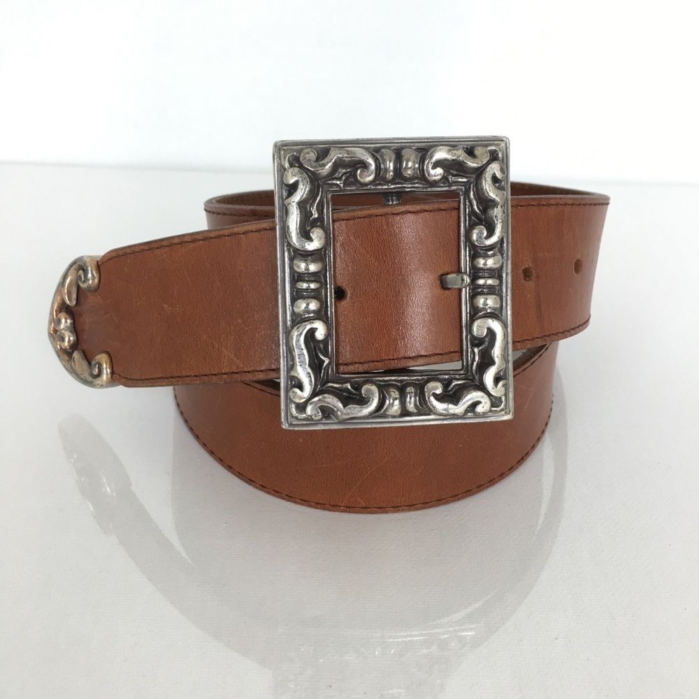 Vintage 90’s Another Line Inc. Brown Leather Belt Western Square Silver Buckle